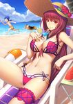 1girl arm_support beach beach_chair between_breasts bikini bikini_tan blue_hair blush breast_hold breasts cameltoe cloud day dog fate/grand_order fate_(series) full_body grabbing hat highres island lancer large_breasts long_hair looking_at_viewer lying mountain outdoors purple_hair red_eyes running sand scathach_(fate)_(all) scathach_(swimsuit_assassin)_(fate) shorts sky smile straw_hat sun_hat sweat swimsuit tan tanline thigh_strap thighs ttheyue water welsh_corgi 