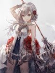  blush breasts cleavage closed_mouth eyebrows_visible_through_hair flower grey_eyes hair_flower hair_ornament hisahisahisahisa large_breasts long_hair looking_at_viewer red_flower red_rose rose silver_hair sinoalice smile snow_white_(sinoalice) solo thighhighs white_legwear 