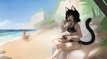  animal_ears barefoot black_hair bowl breasts brown_hair cat_ears cat_tail cleavage collarbone eating fang fork fox_ears fox_tail highres holding holding_bowl holding_fork large_breasts long_hair looking_at_viewer looking_away multiple_girls open_mouth original paintrfiend red_eyes short_hair sitting tail 