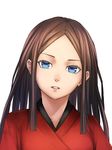  blue_eyes brown_hair close-up commentary_request expressionless head_tilt highres japanese_clothes kimono long_hair looking_at_viewer parted_lips red_kimono simple_background solo sugi_214 white_background 