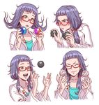  ball bangs blush closed_eyes collarbone expressions glasses hair_tie open_mouth pink_lips pout purple_hair raised_eyebrows seikaisuru_kado semi-rimless_eyewear shinawa_kanata smile solo under-rim_eyewear yamashita_shun'ya yellow_eyes 