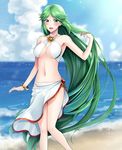 beach bikini blush breasts day green_eyes green_hair highres kid_icarus kid_icarus_uprising large_breasts long_hair looking_at_viewer navel open_mouth palutena smile solo swimsuit tiara very_long_hair yuino_(fancy_party) 