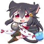  :d animal_ears black_hair boots bucket bucket_of_water cannon cat_ears cat_tail chibi commentary_request detached_sleeves fang flashlight hair_ornament hairclip haruna_(kantai_collection) kantai_collection kemonomimi_mode knee_boots long_hair looking_at_viewer machinery nontraditional_miko open_mouth red_eyes revision ribbon searchlight simple_background smile solo tail tsukko_(3ki2ne10) turret twitter_username white_background 