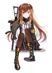  bandana bangs black_footwear black_gloves black_legwear blush boots brown_hair closed_mouth commentary cross-laced_footwear diten eyebrows_visible_through_hair fingerless_gloves girls_frontline gloves gun h&amp;k_ump heckler_&amp;_koch holding holding_gun holding_weapon jacket lace-up_boots long_hair looking_at_viewer open_clothes open_jacket pantyhose pink_eyes scar scar_across_eye sidelocks simple_background sitting smile solo submachine_gun twintails ump9_(girls_frontline) very_long_hair weapon white_background 