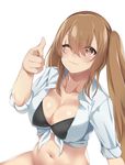  :3 bangs bikini black_bikini breasts brown_hair cleavage closed_mouth collarbone commentary eyebrows_visible_through_hair front-tie_top girls_frontline hair_between_eyes hand_up highres large_breasts long_hair looking_at_viewer navel one_eye_closed pointing pointing_at_viewer red_eyes revision shiny shiny_skin shirt sidelocks simple_background sitting solo spicy_moo swimsuit tied_shirt twintails ump9_(girls_frontline) very_long_hair white_background 