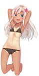  :d armpits arms_behind_head arms_up barefoot bikini black_bikini blue_eyes eyebrows_visible_through_hair flower full_body hair_flower hair_ornament highres kantai_collection kneeling kure_(kure_ng) long_hair looking_at_viewer navel open_mouth ro-500_(kantai_collection) simple_background smile solo swimsuit tan tanline white_background white_hair 