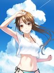  armpits bangs bikini bikini_under_clothes blue_sky breasts brown_eyes brown_hair clenched_hands closed_mouth cloud cloudy_sky commentary_request condensation_trail day hand_up head_tilt highres long_hair looking_at_viewer medium_breasts nail_polish navel off_shoulder pink_nails ponytail shirt sky smile solo striped striped_bikini striped_bikini_bottom sugi_214 swimsuit upper_body white_shirt 