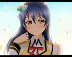  bangs blue_bow blue_hair blush bow bowtie clenched_hand closed_mouth confetti earrings eyebrows_visible_through_hair hair_between_eyes hair_bow heart heart_earrings jewelry letterboxed long_hair long_sleeves looking_at_viewer love_live! love_live!_school_idol_project red_bow red_neckwear smile solo sonoda_umi sunny_day_song upper_body yellow_eyes yumari_nakura 