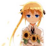  alice_(openhexagon) black_neckwear black_ribbon blonde_hair blue_eyes blush closed_mouth eyebrows_visible_through_hair flower hair_ribbon holding holding_flower kill_me_baby long_hair looking_at_viewer necktie ribbon smile solo sonya_(kill_me_baby) sunflower twintails upper_body 