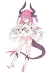  blade_(galaxist) blue_eyes blush boots bow dragon_tail dress dress_lift elizabeth_bathory_(fate) elizabeth_bathory_(fate)_(all) fate/grand_order fate_(series) high_heel_boots high_heels horns long_hair open_mouth panties pink_hair side-tie_panties simple_background smile solo striped striped_panties tail underwear white_background white_footwear 