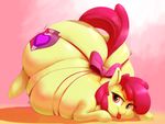  2017 apple_bloom_(mlp) ass_up cutie_mark earth_pony equine female feral friendship_is_magic hooves horse looking_at_viewer mammal morbidly_obese my_little_pony obese overweight pony ribbons sirmasterdufel smile solo tongue tongue_out 
