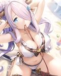  arms_up between_breasts bikini blue_eyes breasts bright_pupils cleavage covered_nipples double_bun draph from_above granblue_fantasy hair_over_one_eye highres horns katana large_breasts lavender_hair long_hair looking_at_viewer looking_up low_twintails mouth_hold narmaya_(granblue_fantasy) navel outdoors pointy_ears ribbon ribbon_in_mouth sandals sayika sidelocks sitting solo swimsuit sword twintails very_long_hair weapon white_bikini 