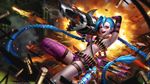  :d arm_up belt blue_hair blurry braid breasts bullet commentary depth_of_field explosion fire gun hair_between_eyes highres jinx_(league_of_legends) league_of_legends leg_up liang_xing long_hair open_mouth pink_eyes pink_legwear short_shorts shorts single_thighhigh small_breasts smile smoke solo tattoo thigh_strap thighhighs twin_braids very_long_hair watermark weapon web_address 