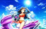  bikini black_hair breasts brown_eyes cleavage cloud day fingerless_gloves gloves grin ground_vehicle helmet idolmaster idolmaster_cinderella_girls idolmaster_cinderella_girls_starlight_stage jacket large_breasts leather leather_jacket long_hair motor_vehicle motorcycle motorcycle_helmet mukai_takumi o-ring o-ring_bikini official_art palm_tree sitting smile solo swimsuit tree 