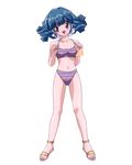  90s adjusting_clothes adjusting_swimsuit aqua_hair bikini blue_eyes blush full_body highres long_hair navel open_mouth rolfee sandals simple_background solo striped striped_bikini swimsuit tadano_kazuko tonari_no_princess_rolfee white_background 