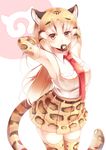  absurdres animal_ears animal_print arched_back armpits arms_behind_head belt blonde_hair brown_hair clouded_leopard_(kemono_friends) commentary cowboy_shot elbow_gloves gloves hairdressing hands_in_hair highres japari_symbol kanzakietc kemono_friends leopard_ears leopard_print leopard_tail long_hair looking_at_viewer mouth_hold multicolored_hair necktie pleated_skirt print_gloves print_legwear print_skirt red_neckwear scrunchie shirt simple_background skirt sleeveless sleeveless_shirt solo striped_tail tail thighhighs tying_hair white_background white_shirt zettai_ryouiki 