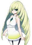  bangs bare_arms bare_shoulders blonde_hair breasts crystal diamond dress green_eyes highres leggings long_hair looking_at_viewer lusamine_(pokemon) medium_breasts pokemon pokemon_(game) pokemon_sm sawati sleeveless sleeveless_dress smile solo very_long_hair white_dress white_legwear 