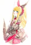  bangs baton_(instrument) black_dress blonde_hair blue_eyes blunt_bangs blush dress elyse feathers high_ponytail lips long_hair long_sleeves looking_at_viewer marchen ponytail sidelocks solo sound_horizon traditional_media watercolor_(medium) yasuu! 