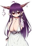  1girl bandage bandaged_arm black_gloves blush breasts cleavage crescent danua doraf dress fingerless_gloves gloves granblue_fantasy hair_between_eyes highres horn_ornament horns huge_breasts jewelry long_hair looking_at_viewer necklace pointy_ears purple_hair red_eyes sawati simple_background solo 