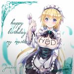  alternate_costume apron bangs blonde_hair body_writing bow breasts character_name chocolate chocolate_on_breasts cleavage cleavage_cutout cursive detached_sleeves english enmaided eyebrows_visible_through_hair fate/apocrypha fate_(series) gem happy_birthday highres holding jeanne_d'arc_(fate) jeanne_d'arc_(fate)_(all) large_breasts long_hair lutecia_syndrome maid maid_headdress pastry_bag purple_eyes ribbon smile solo very_long_hair 