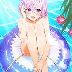  :d barefoot blurry breasts cleavage day depth_of_field fate/grand_order fate_(series) flower from_above glasses hair_between_eyes hair_tucking heart heart-shaped_pupils highres inflatable_raft knees_to_chest large_breasts looking_at_viewer mash_kyrielight nemuko_ofuton nude open_mouth outdoors pink_hair purple_eyes rimless_eyewear short_hair sitting smile solo sparkle symbol-shaped_pupils water wet 