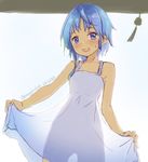  :d alternate_costume bare_arms blue_eyes blue_hair blush commentary cowboy_shot dated dress kangoku_kou kantai_collection looking_at_viewer minazuki_(kantai_collection) open_mouth see-through_silhouette short_hair short_hair_with_long_locks skirt_hold smile solo sundress twitter_username white_dress wind_chime 