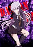  black_footwear black_gloves black_jacket black_ribbon black_skirt boots brown_neckwear copyright_name danganronpa danganronpa_1 eyebrows_visible_through_hair floating_hair gloves hair_ribbon head_tilt jacket kirigiri_kyouko looking_at_viewer makumaxu miniskirt necktie open_clothes open_jacket pleated_skirt purple_background purple_eyes ribbon school_uniform shirt silver_hair skirt smile solo white_shirt 