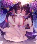  black_hair blush bouquet breast_press breasts catfight dk.senie elbow_gloves eye_contact flower gloves hair_ribbon hand_on_another's_head highres large_breasts long_hair looking_at_another multiple_girls nipples original pantyhose pink_eyes ribbon saliva saliva_trail selfcest symmetrical_docking tears tongue tongue_out torn_clothes white_legwear yuri 