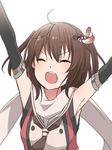  armpits arms_up bare_shoulders black_gloves black_neckwear blush brown_hair buttons closed_eyes commentary_request double-breasted elbow_gloves eyebrows_visible_through_hair gloves hair_between_eyes hair_ornament kantai_collection neckerchief open_mouth remodel_(kantai_collection) rinto_(rint_rnt) round_teeth scarf school_uniform sendai_(kantai_collection) serafuku simple_background smile solo teeth upper_body white_background white_scarf 