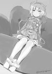 anda_inmu bangs blush bow bow_panties closed_mouth commentary_request couch dutch_angle eyebrows_visible_through_hair full_body greyscale hairband heart komeiji_satori long_sleeves messy_hair monochrome panties panty_pull pleated_skirt short_hair sitting skirt solo third_eye touhou twitter_username underwear 