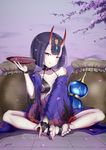  blush bowl closed_mouth collarbone eyebrows_visible_through_hair fate/grand_order fate_(series) highres holding holding_bowl horns looking_at_viewer oni purple_eyes purple_hair short_hair shuten_douji_(fate/grand_order) signature sitting smile solo tongue tongue_out yeh_(354162698) 
