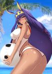  ass ball beach blush breasts dark_skin day facial_mark fate/grand_order fate_(series) highres kawabata_yoshiro large_breasts long_hair looking_to_the_side medjed nitocris_(fate/grand_order) nitocris_(swimsuit_assassin)_(fate) palm_tree purple_eyes purple_hair smile solo sweat swimsuit tree 