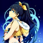  bad_id bad_pixiv_id beyond_the_vibes black_hair blue_background blue_eyes bracelet crop_top earrings from_side ganaha_hibiki hair_between_eyes hair_ribbon high_ponytail idolmaster idolmaster_(classic) jewelry long_hair midriff restaint ribbon solo upper_body very_long_hair yellow_ribbon 