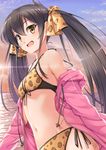  animal_print bikini black_hair blush breasts hair_ribbon idolmaster idolmaster_cinderella_girls jacket leopard_print long_hair looking_at_viewer matoba_risa miri_(ago550421) navel open_mouth ribbon small_breasts smile solo swimsuit swimsuit_under_clothes twintails yellow_eyes 