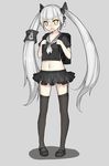  bag blush destroyer_(girls_frontline) girls_frontline grey_background highres looking_at_viewer navel nezumi_(mouseto) sangvis_ferri school_uniform solo thighhighs twintails white_hair yellow_eyes 