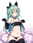  alternate_costume animal_ears armpits bandeau bell black_gloves black_legwear breasts cat_ears choker cleavage collarbone commentary_request cushion elbow_gloves fake_animal_ears gloves green_eyes green_hair hair_ornament hair_ribbon hairclip kantai_collection long_hair looking_at_viewer natori_youkai navel paw_pose ribbon side-tie_bottom simple_background sitting small_breasts solo thighhighs white_background yamakaze_(kantai_collection) 