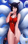  1girl ahri baywatch black_hair breasts cleavage fox_girl groin highleg_swimsuit kyoffie12 large_breasts league_of_legends one-piece_swimsuit red_swimsuit solo swimsuit yellow_eyes 