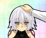  1girl bare_shoulders blush fate/apocrypha fate/grand_order fate_(series) fujimaru_ritsuka_(male) green_eyes hand_on_another's_head hand_on_head jack_the_ripper_(fate/apocrypha) matsudora124 petting scar short_hair silver_hair solo_focus 