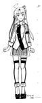  :d ahoge akitsushima_(kantai_collection) clenched_hands dated double-breasted earrings full_body greyscale hair_ornament hair_ribbon height_chart jewelry kantai_collection kawashina_(momen_silicon) long_hair looking_at_viewer military military_uniform miniskirt monochrome open_mouth ribbon side_ponytail skirt smile solo standing thigh_strap thighhighs uniform white_background zettai_ryouiki 