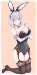  animal_ears armband black_leotard blush border breast_lift breasts bunny_ears bunny_tail bunnysuit fake_animal_ears fake_tail full_body garter_belt gloves hair_ornament hair_over_one_eye hairclip hamakaze_(kantai_collection) kantai_collection kneeling large_breasts leotard outside_border parted_lips pink_background short_hair silver_hair skindentation solo tail thighhighs white_border white_gloves yukiguni_yuu 