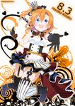  birthday blue_eyes breasts cafe_maid character_name dated earrings english gloves happy_birthday hat high_heels jewelry kitahara_tomoe_(kitahara_koubou) kousaka_honoka love_live! love_live!_school_idol_festival love_live!_school_idol_project medium_breasts mini_hat orange_hair short_hair striped striped_hat striped_legwear thighhighs twitter_username zettai_ryouiki 