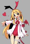  bat_wings blonde_hair bow covered_navel demon_tail disgaea earrings fang flonne flonne_(fallen_angel) heart jewelry leotard long_hair makai_senki_disgaea open_clothes open_mouth open_shirt outstretched_arm pointy_ears red_eyes red_leotard red_wings ribbon shirt smile solo tail thigh_gap white_shirt wings 