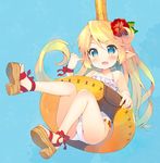  ass blonde_hair blue_background blue_eyes casual_one-piece_swimsuit charlotta_fenia crown fang feet flower granblue_fantasy hair_flower hair_ornament harvin innertube legs legs_up long_hair meito_(maze) one-piece_swimsuit open_mouth pointy_ears sandals simple_background smile solo swimsuit toes very_long_hair white_swimsuit 