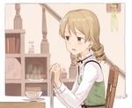  blush brown_eyes cup dated drill_hair earrings hair_ornament idolmaster idolmaster_cinderella_girls indoors jewelry kawashina_(momen_silicon) light_brown_hair long_sleeves morikubo_nono notebook open_mouth teacup 