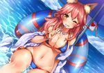  ;p animal_ears artist_name bare_shoulders beach_umbrella bikini blue_bikini blue_sky bracelet breasts cloud commentary_request day eyebrows_visible_through_hair fate/grand_order fate_(series) food food_on_face fox_ears fox_tail hair_over_shoulder halter_top halterneck heart holding holding_spoon horizon innertube jewelry komazuki_(komaworks240) long_hair looking_at_viewer low_ponytail medium_breasts messy_hair navel necklace ocean one_eye_closed outdoors pink_hair revision shiny shiny_hair side-tie_bikini sitting sky solo spoon spoon_in_mouth starfish stomach string_bikini swimsuit tail tamamo_(fate)_(all) tamamo_no_mae_(fate) tamamo_no_mae_(swimsuit_lancer)_(fate) tongue tongue_out towel transparent umbrella underboob v-shaped_eyebrows water yellow_eyes 