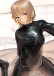  bed bodysuit brown_eyes brown_hair hand_on_own_chest highres kilye_4421 latex looking_at_viewer original shiny shiny_clothes short_hair sitting skin_tight smile 