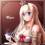  blonde_hair blue_eyes braid breasts brown_background character_name crown cup dress flower french_braid jewelry kantai_collection long_hair long_sleeves md5_mismatch medium_breasts mini_crown necklace off-shoulder_dress off_shoulder parted_lips red_flower red_ribbon red_rose ribbon rizuriri rose saucer solo teacup upper_body warspite_(kantai_collection) white_dress 