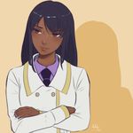  black_hair blush brown_eyes crossed_arms dark_skin dr._eva_rosalene highres long_hair looking_away necktie sciamano240 shadow signature simple_background smile solo to_the_moon upper_body very_dark_skin yellow_background 