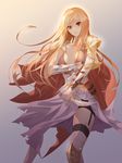  absurdres armor blonde_hair bracer breasts brown_eyes cape cleavage dagger dual_wielding garter_straps gradient gradient_background grey_background highres holding knife long_hair medium_breasts parted_lips purple_skirt red_cape skirt solo standing thighhighs weapon yagyun 