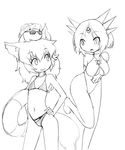  2girls alternate_costume animal_ears bikini camel_(dansen) flat_chest midriff milia monochrome multiple_girls open_mouth puki_(creature) sachiho short_hair tail 